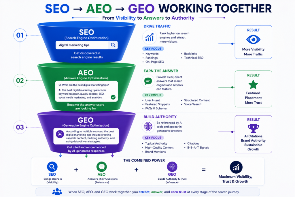 SEO VS AEO VS GEO - How do they work together